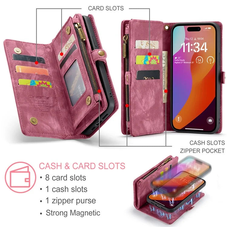 CASEME 008 Series for iPhone 16 Pro Max Case Leather Phone Cover Zipper Pocket Wallet