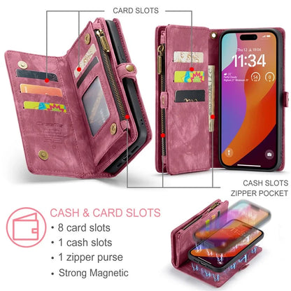 CASEME 008 Series for iPhone 16 Pro Max Case Leather Phone Cover Zipper Pocket Wallet