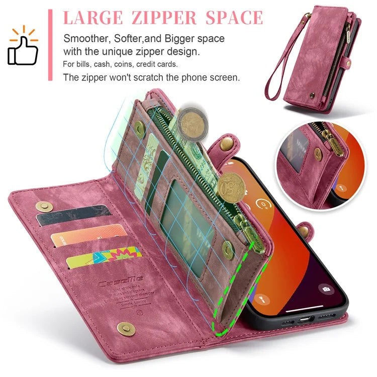 CASEME 008 Series for iPhone 16 Pro Max Case Leather Phone Cover Zipper Pocket Wallet
