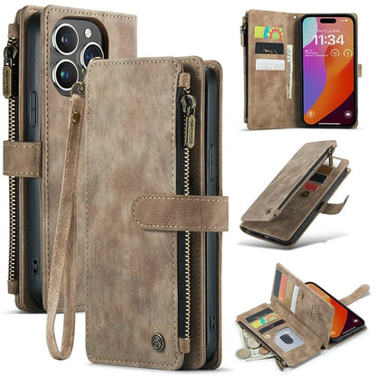 CASEME C30 Series for iPhone 16 Pro Max Case Leather Phone Cover with 10 Card Holder Zipper Pocket