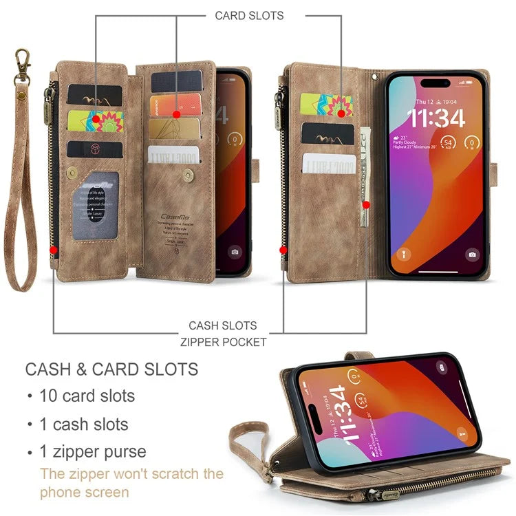 CASEME C30 Series for iPhone 16 Pro Max Case Leather Phone Cover with 10 Card Holder Zipper Pocket