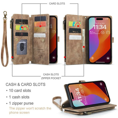 CASEME C30 Series for iPhone 16 Pro Max Case Leather Phone Cover with 10 Card Holder Zipper Pocket