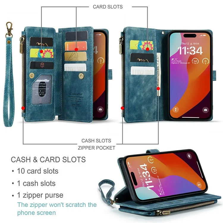 CASEME C30 Series for iPhone 16 Pro Max Case Leather Phone Cover with 10 Card Holder Zipper Pocket