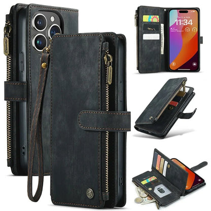 CASEME C30 Series for iPhone 16 Pro Max Case Leather Phone Cover with 10 Card Holder Zipper Pocket