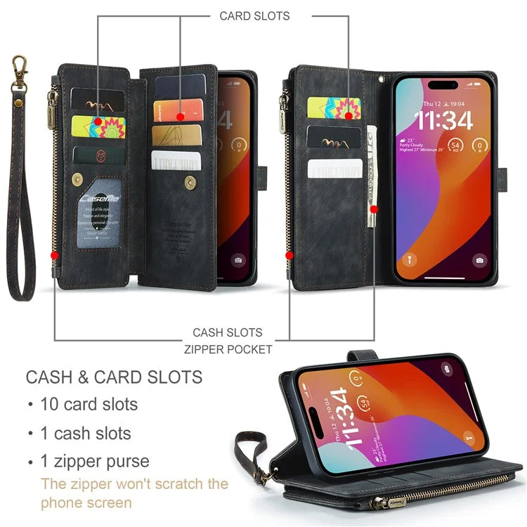 CASEME C30 Series for iPhone 16 Pro Max Case Leather Phone Cover with 10 Card Holder Zipper Pocket