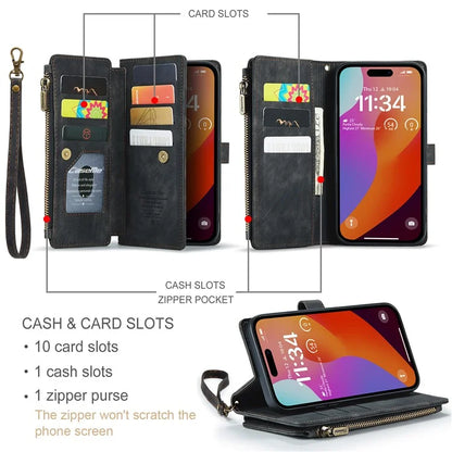 CASEME C30 Series for iPhone 16 Pro Max Case Leather Phone Cover with 10 Card Holder Zipper Pocket