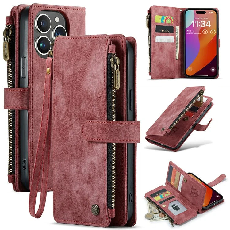 CASEME C30 Series for iPhone 16 Pro Max Case Leather Phone Cover with 10 Card Holder Zipper Pocket