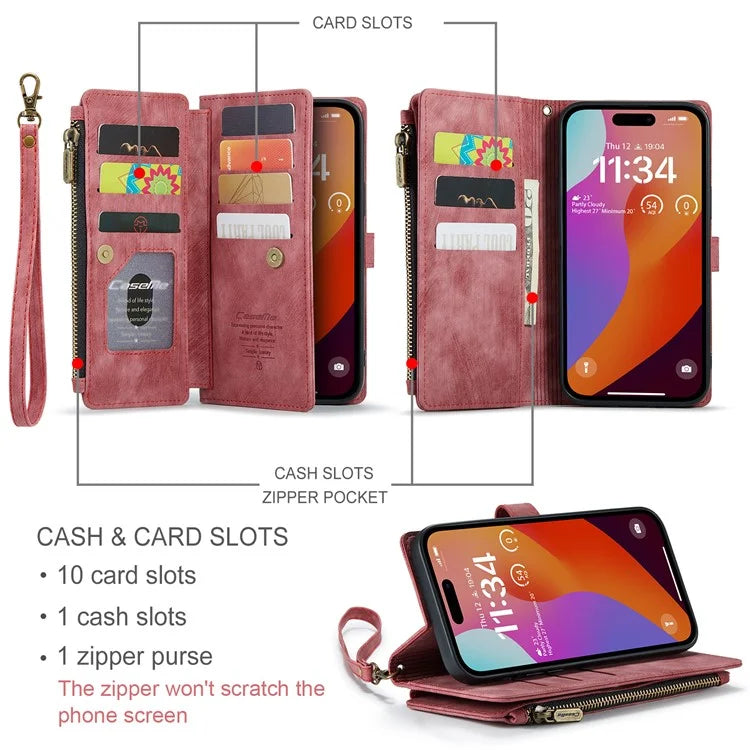 CASEME C30 Series for iPhone 16 Pro Max Case Leather Phone Cover with 10 Card Holder Zipper Pocket