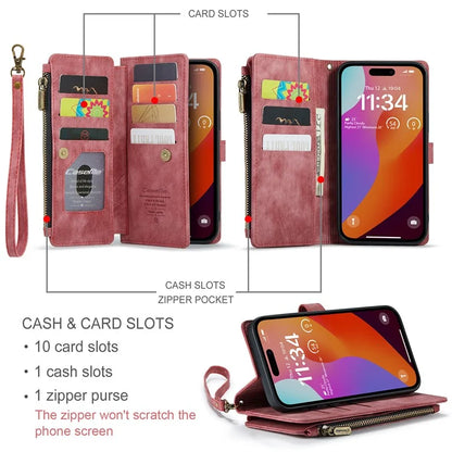 CASEME C30 Series for iPhone 16 Pro Max Case Leather Phone Cover with 10 Card Holder Zipper Pocket