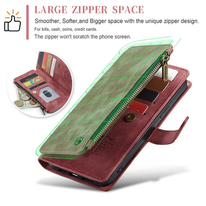 CASEME C30 Series for iPhone 16 Pro Max Case Leather Phone Cover with 10 Card Holder Zipper Pocket