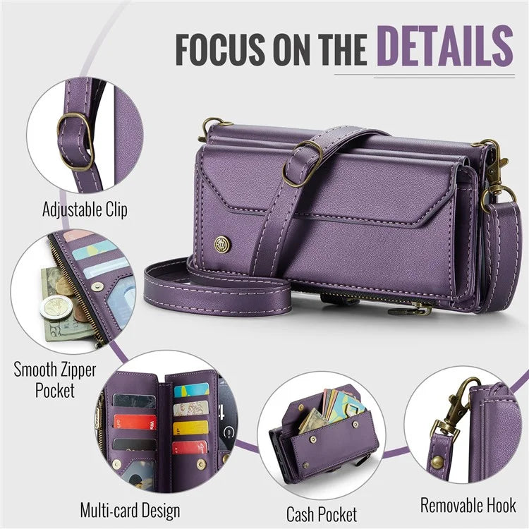 CASEME C36 Series For iPhone 16 Pro Max Case Zipper Wallet Leather Phone Cover with Straps