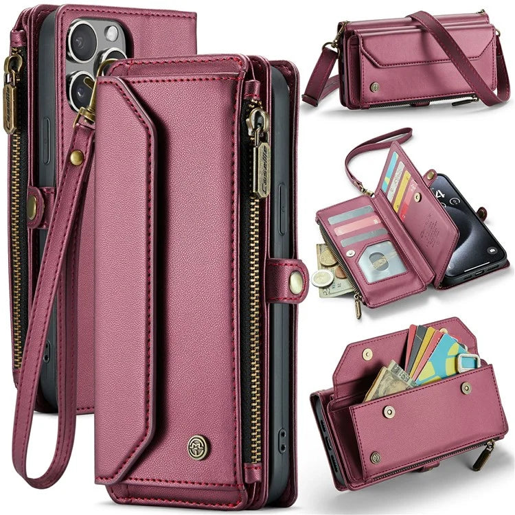 CASEME C36 Series For iPhone 16 Pro Max Case Zipper Wallet Leather Phone Cover with Straps