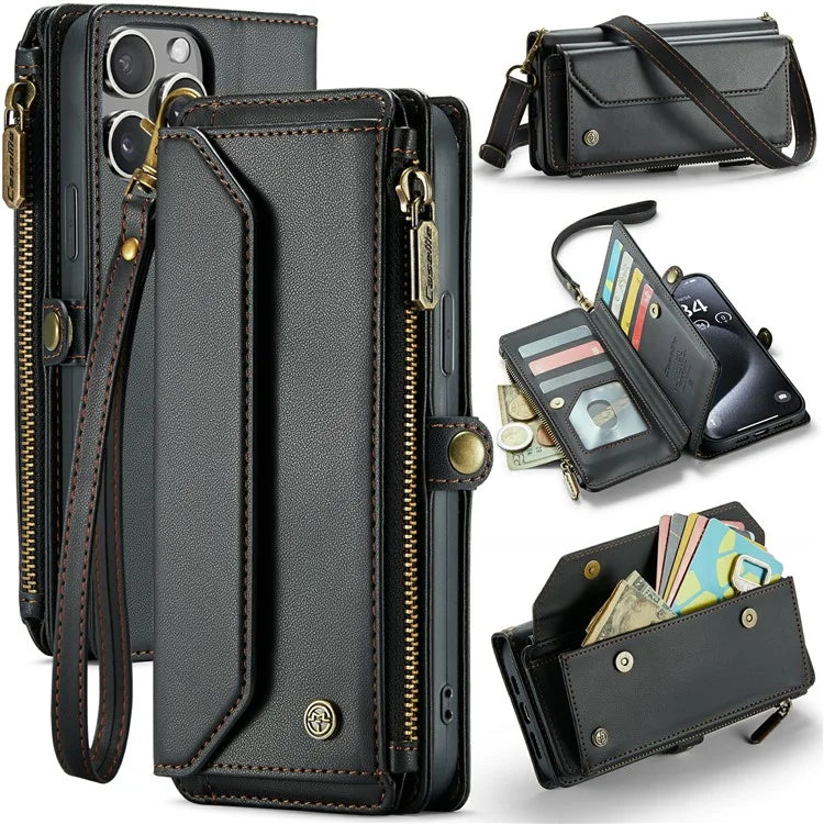 CASEME C36 Series For iPhone 16 Pro Max Case Zipper Wallet Leather Phone Cover with Straps