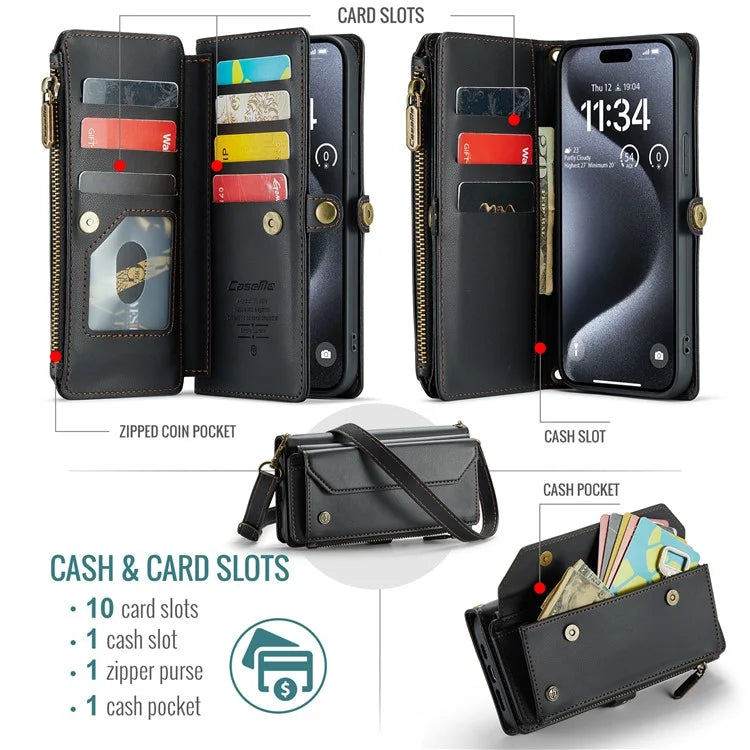 CASEME C36 Series For iPhone 16 Pro Max Case Zipper Wallet Leather Phone Cover with Straps