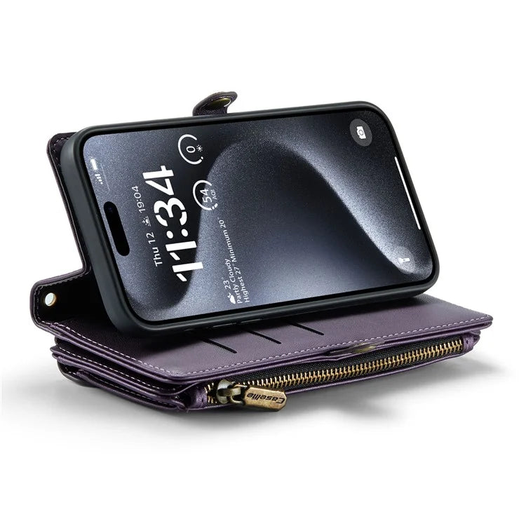 CASEME C36 Series For iPhone 16 Pro Case Zipper Wallet Leather Phone Cover with Straps