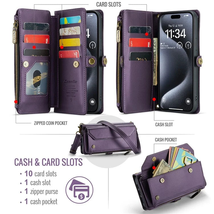CASEME C36 Series For iPhone 16 Pro Case Zipper Wallet Leather Phone Cover with Straps