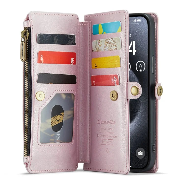 CASEME C36 Series For iPhone 16 Pro Case Zipper Wallet Leather Phone Cover with Straps