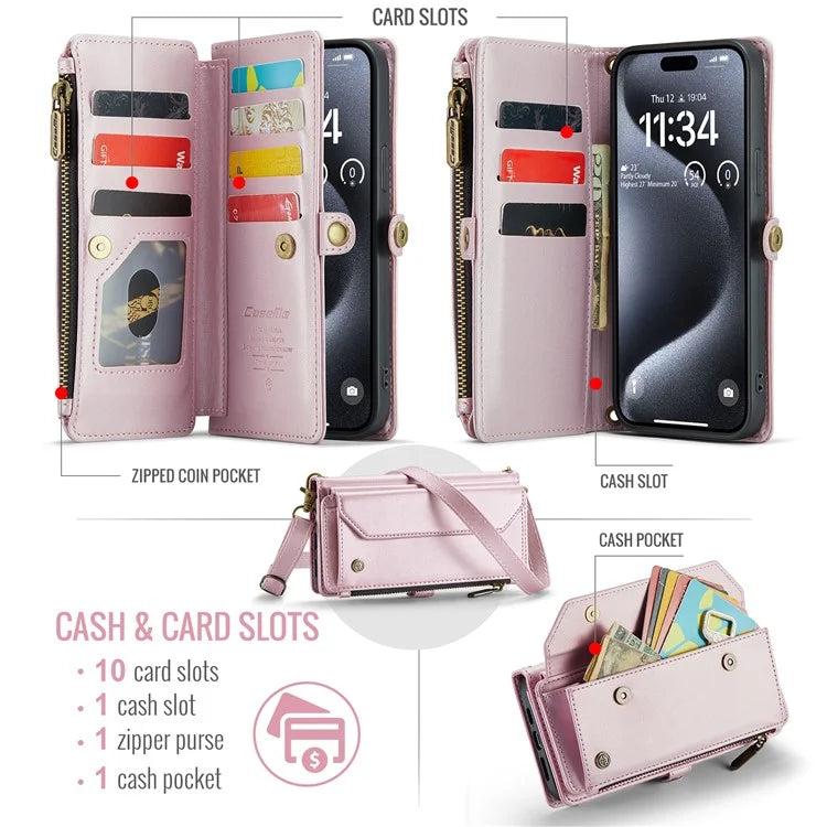 CASEME C36 Series For iPhone 16 Pro Case Zipper Wallet Leather Phone Cover with Straps