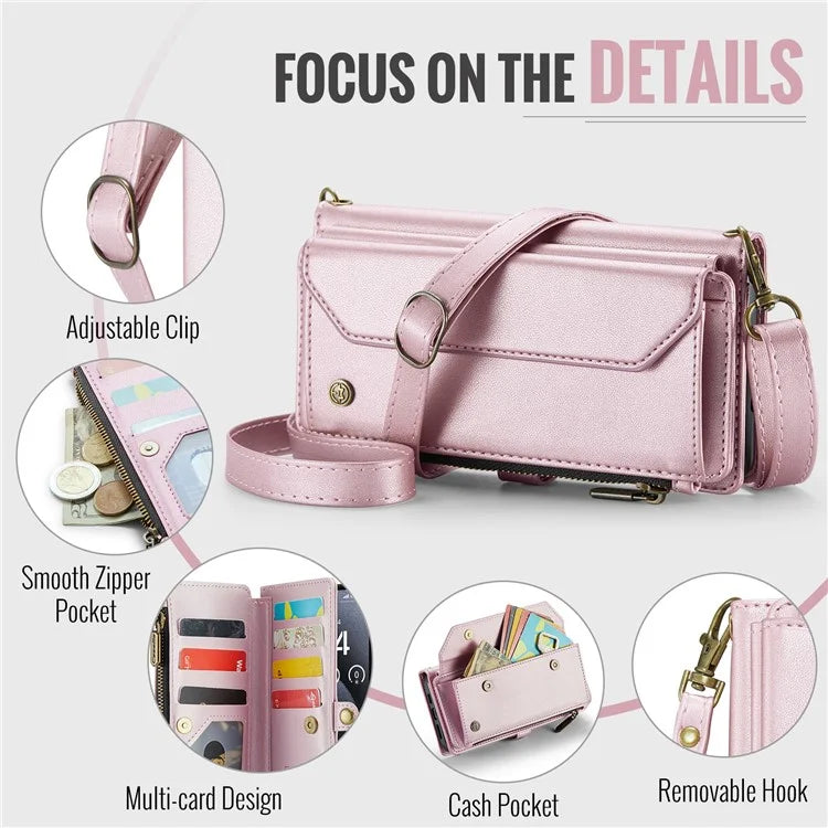 CASEME C36 Series For iPhone 16 Pro Case Zipper Wallet Leather Phone Cover with Straps