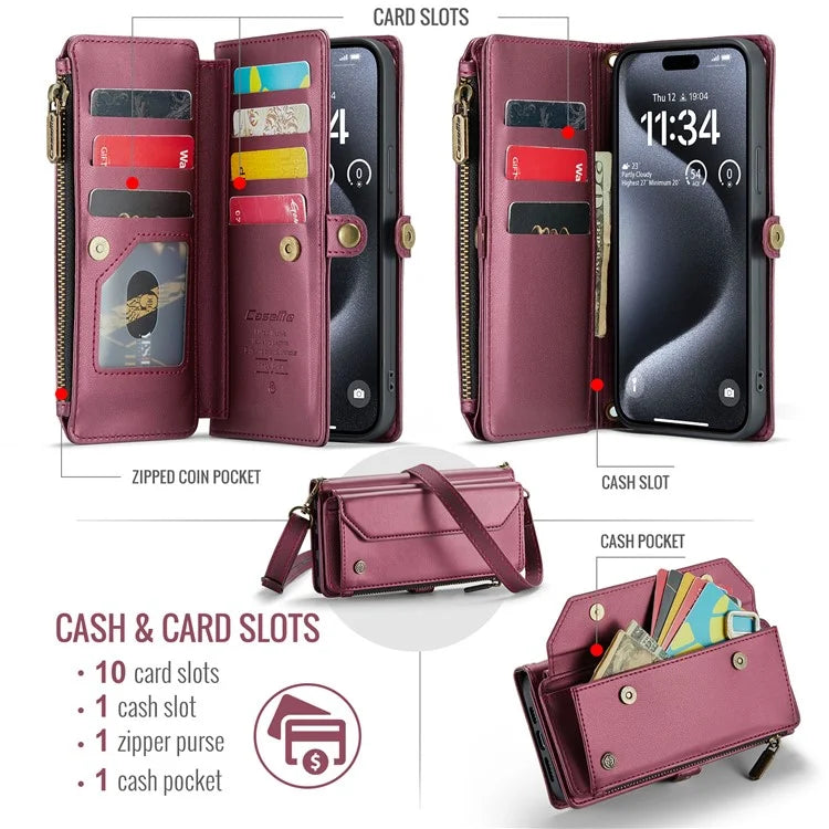 CASEME C36 Series For iPhone 16 Pro Case Zipper Wallet Leather Phone Cover with Straps