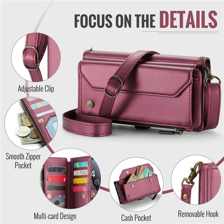 CASEME C36 Series For iPhone 16 Pro Case Zipper Wallet Leather Phone Cover with Straps