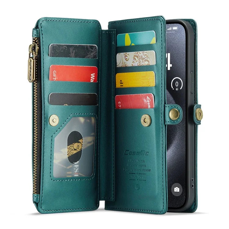 CASEME C36 Series For iPhone 16 Pro Case Zipper Wallet Leather Phone Cover with Straps