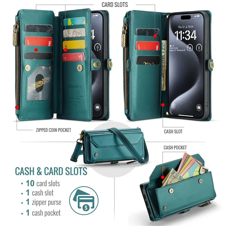 CASEME C36 Series For iPhone 16 Pro Case Zipper Wallet Leather Phone Cover with Straps