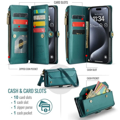 CASEME C36 Series For iPhone 16 Pro Case Zipper Wallet Leather Phone Cover with Straps