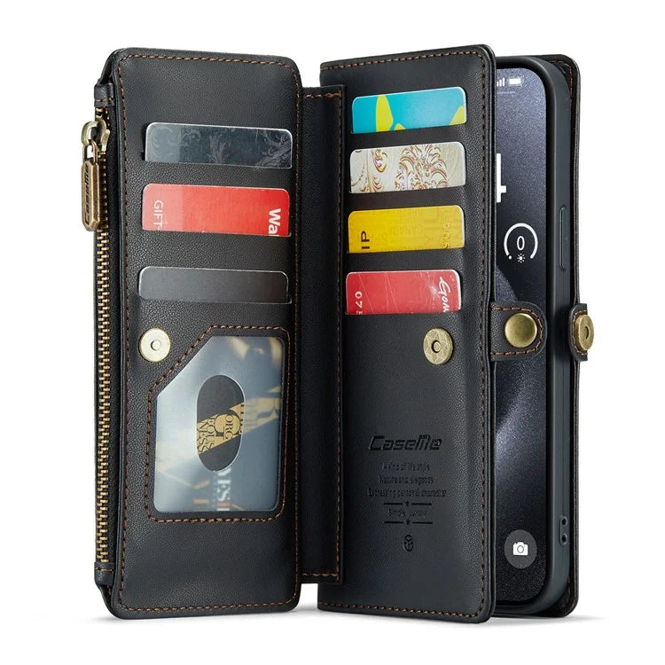 CASEME C36 Series For iPhone 16 Pro Case Zipper Wallet Leather Phone Cover with Straps