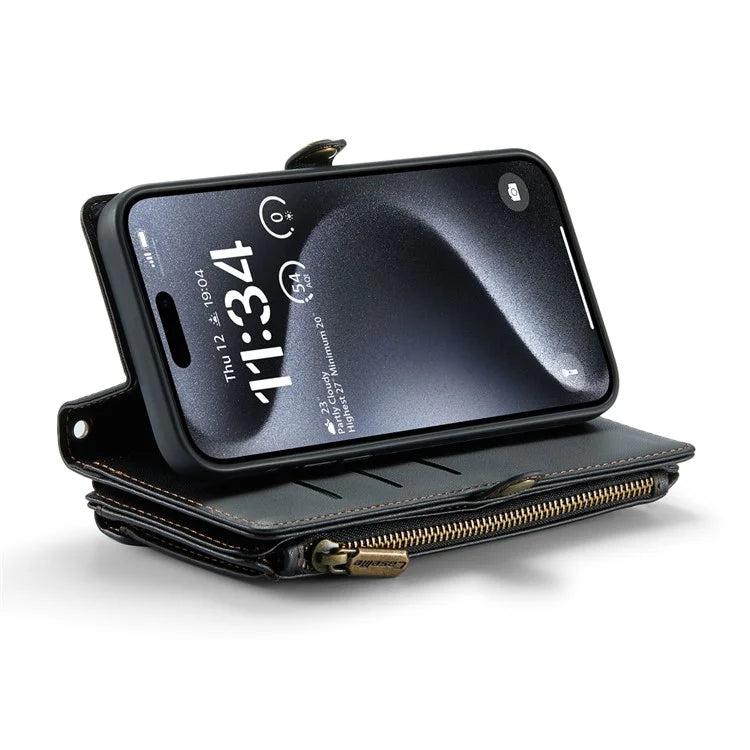 CASEME C36 Series For iPhone 16 Pro Case Zipper Wallet Leather Phone Cover with Straps