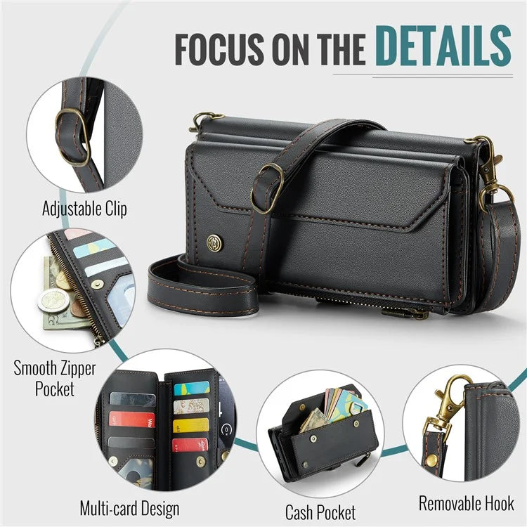 CASEME C36 Series For iPhone 16 Pro Case Zipper Wallet Leather Phone Cover with Straps