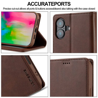 LC.IMEEKE For iPhone 16 Plus Case Calf Texture PU Leather Stand Wallet Phone Cover