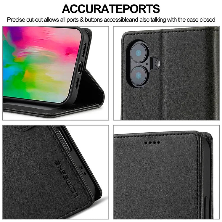 LC.IMEEKE For iPhone 16 Plus Case Calf Texture PU Leather Stand Wallet Phone Cover