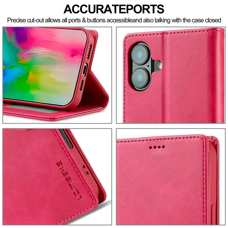 LC.IMEEKE For iPhone 16 Plus Case Calf Texture PU Leather Stand Wallet Phone Cover