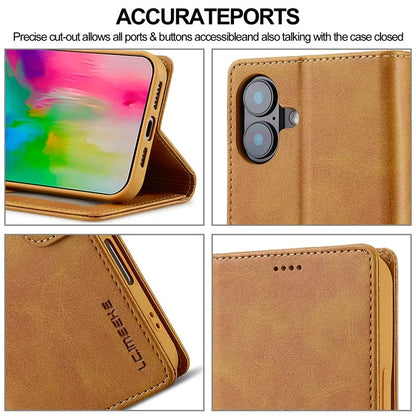 LC.IMEEKE For iPhone 16 Plus Case Calf Texture PU Leather Stand Wallet Phone Cover
