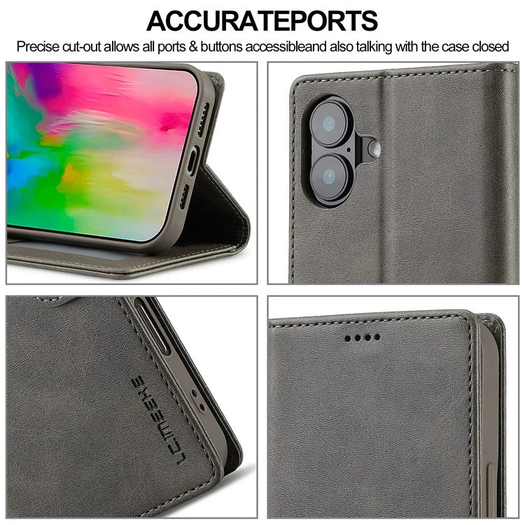 LC.IMEEKE For iPhone 16 Plus Case Calf Texture PU Leather Stand Wallet Phone Cover