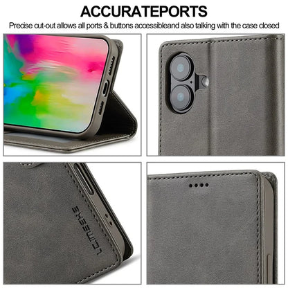 LC.IMEEKE For iPhone 16 Plus Case Calf Texture PU Leather Stand Wallet Phone Cover
