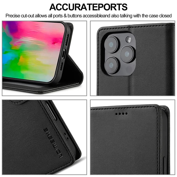 LC.IMEEKE For iPhone 16 Pro Case Calf Texture PU Leather Stand Wallet Phone Cover