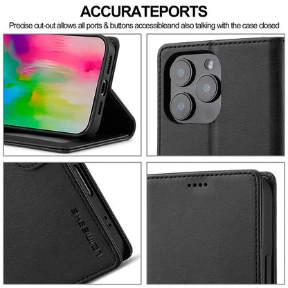 LC.IMEEKE For iPhone 16 Pro Case Calf Texture PU Leather Stand Wallet Phone Cover