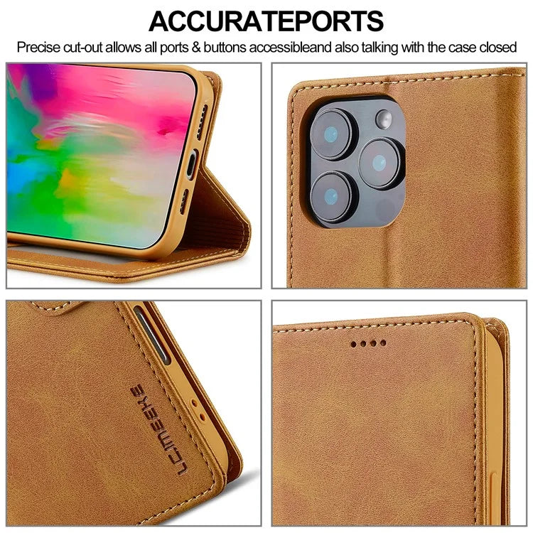 LC.IMEEKE For iPhone 16 Pro Case Calf Texture PU Leather Stand Wallet Phone Cover