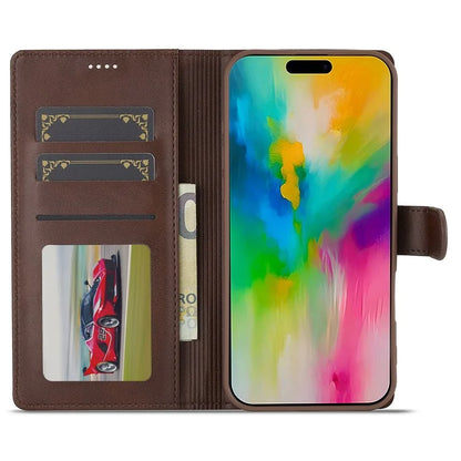 LC.IMEEKE For iPhone 16 Pro Case Calf Texture PU Leather Stand Wallet Phone Cover