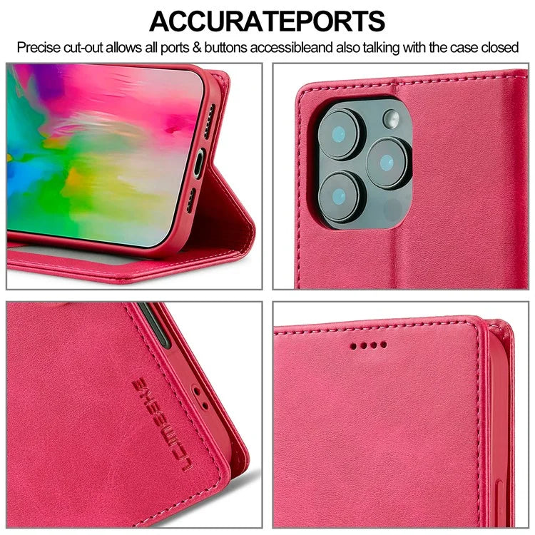 LC.IMEEKE For iPhone 16 Pro Case Calf Texture PU Leather Stand Wallet Phone Cover