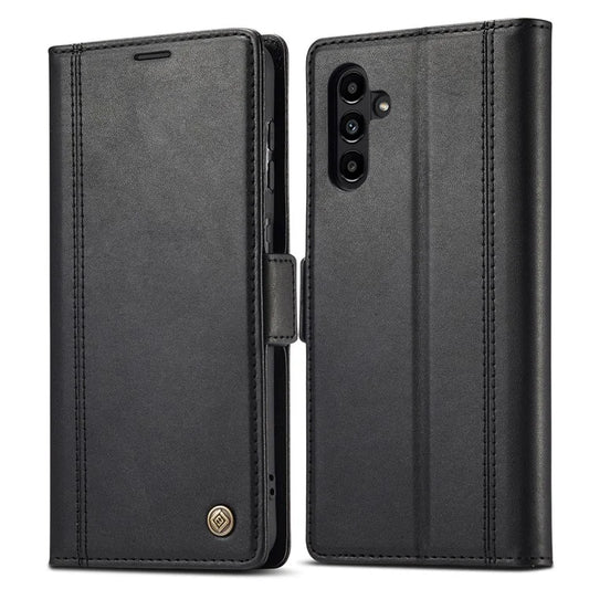LC.IMEEKE For Samsung Galaxy S24 FE Leather Case Imprint Lines Phone Cover Wallet Stand