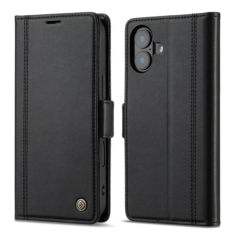 LC.IMEEKE For iPhone 16 Leather Case Imprint Lines Phone Cover Wallet Stand