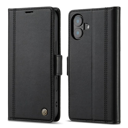 LC.IMEEKE For iPhone 16 Leather Case Imprint Lines Phone Cover Wallet Stand