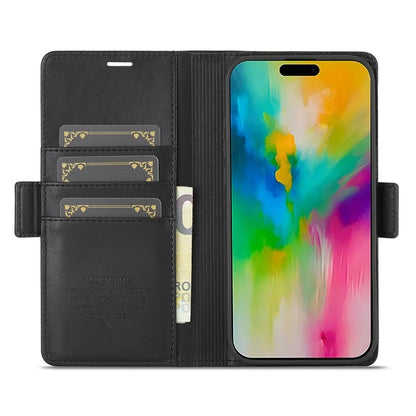 LC.IMEEKE For iPhone 16 Leather Case Imprint Lines Phone Cover Wallet Stand