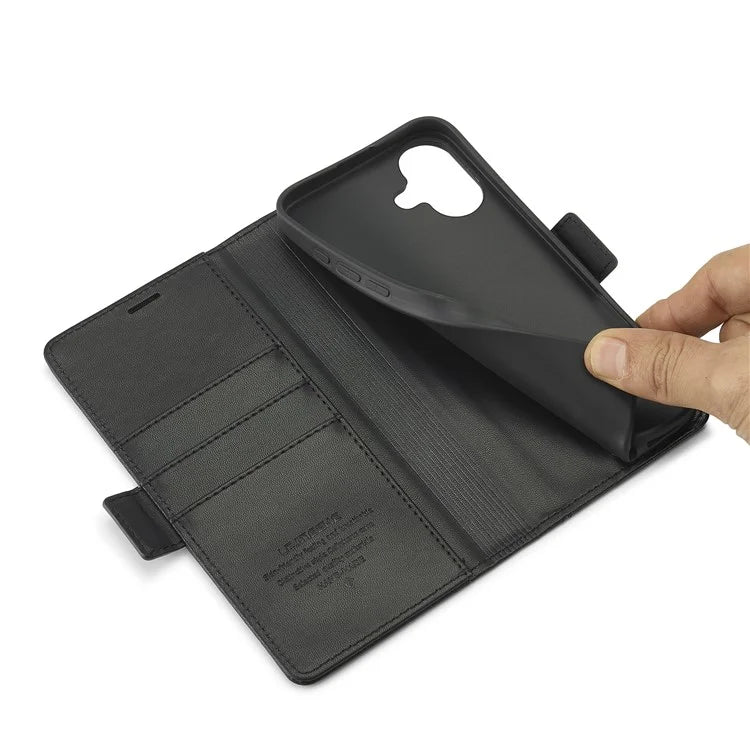 LC.IMEEKE For iPhone 16 Leather Case Imprint Lines Phone Cover Wallet Stand