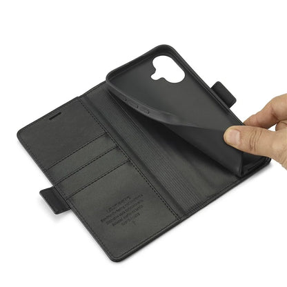 LC.IMEEKE For iPhone 16 Leather Case Imprint Lines Phone Cover Wallet Stand