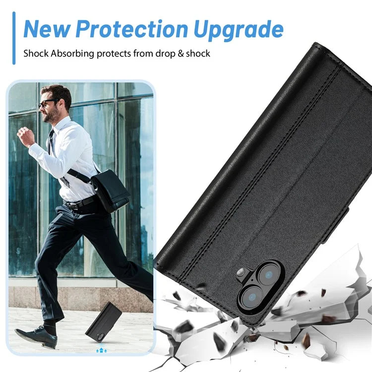 LC.IMEEKE For iPhone 16 Leather Case Imprint Lines Phone Cover Wallet Stand