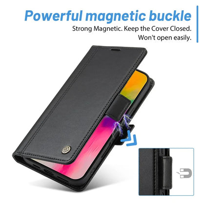 LC.IMEEKE For iPhone 16 Leather Case Imprint Lines Phone Cover Wallet Stand